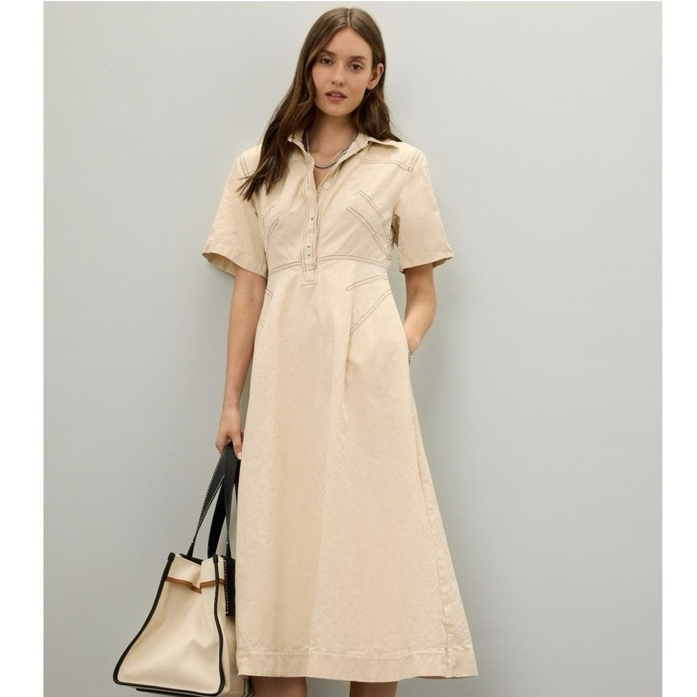 Rosetta Getty Bone Shirtdress Ivory Contrast Stitch Button Short Sleeve Sz‎ 10